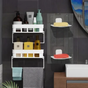 Pack Of 2 Bathroom Shelf +1 Towel Hengar And 2 Soap Hiolder Plastic Wall Shelf