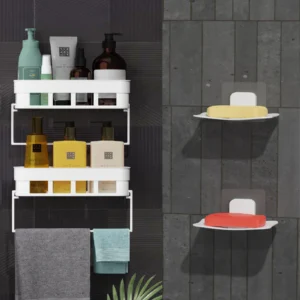 Pack Of 2 Bathroom Shelf +1 Towel Hengar And 2 Soap Hiolder Plastic Wall Shelf