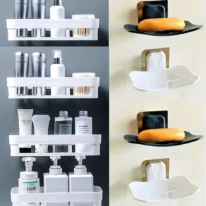 White Bathroom Shelves 4 Pcs + Soap Stand 4 Pcs Multipurpose and Rack for Home Plastic Wall Shelf