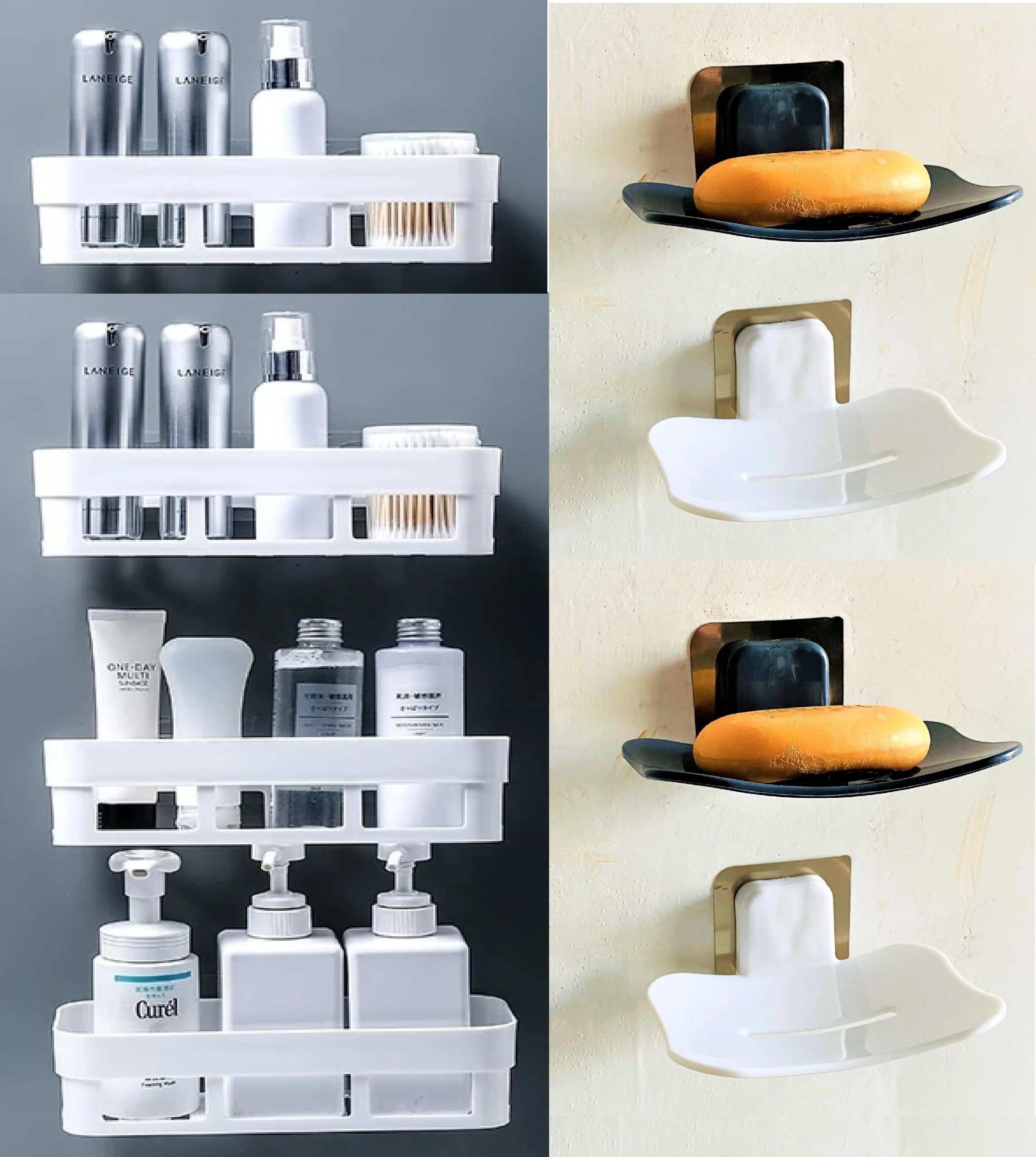 White Bathroom Shelves 4 Pcs + Soap Stand 4 Pcs Multipurpose and Rack for Home Plastic Wall Shelf